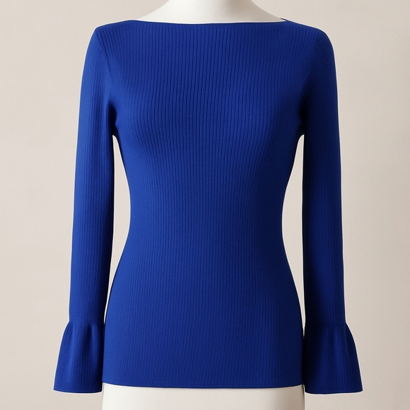 Ralph Lauren Sz L Blue Purple Fitted Bell Sleeve Ribbed Knit Pullover Flare Cuff - Picture 14 of 14
